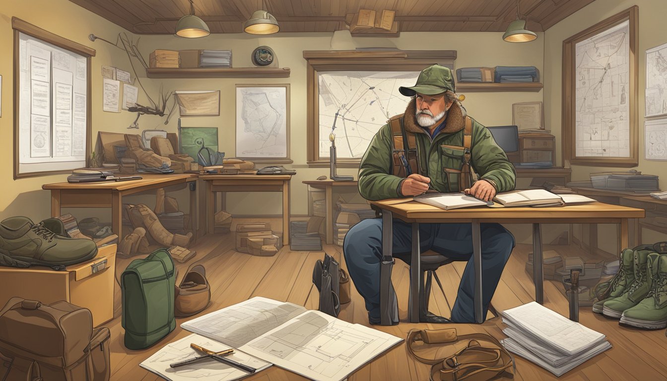 A hunter sitting in a classroom surrounded by diagrams of hunting gear, wildlife, and safety equipment