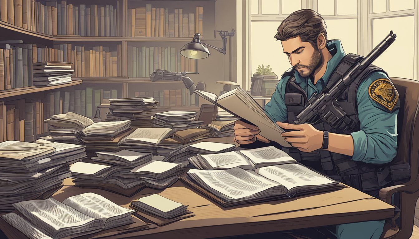 A bounty hunter studying law books and firearms manuals at a cluttered desk