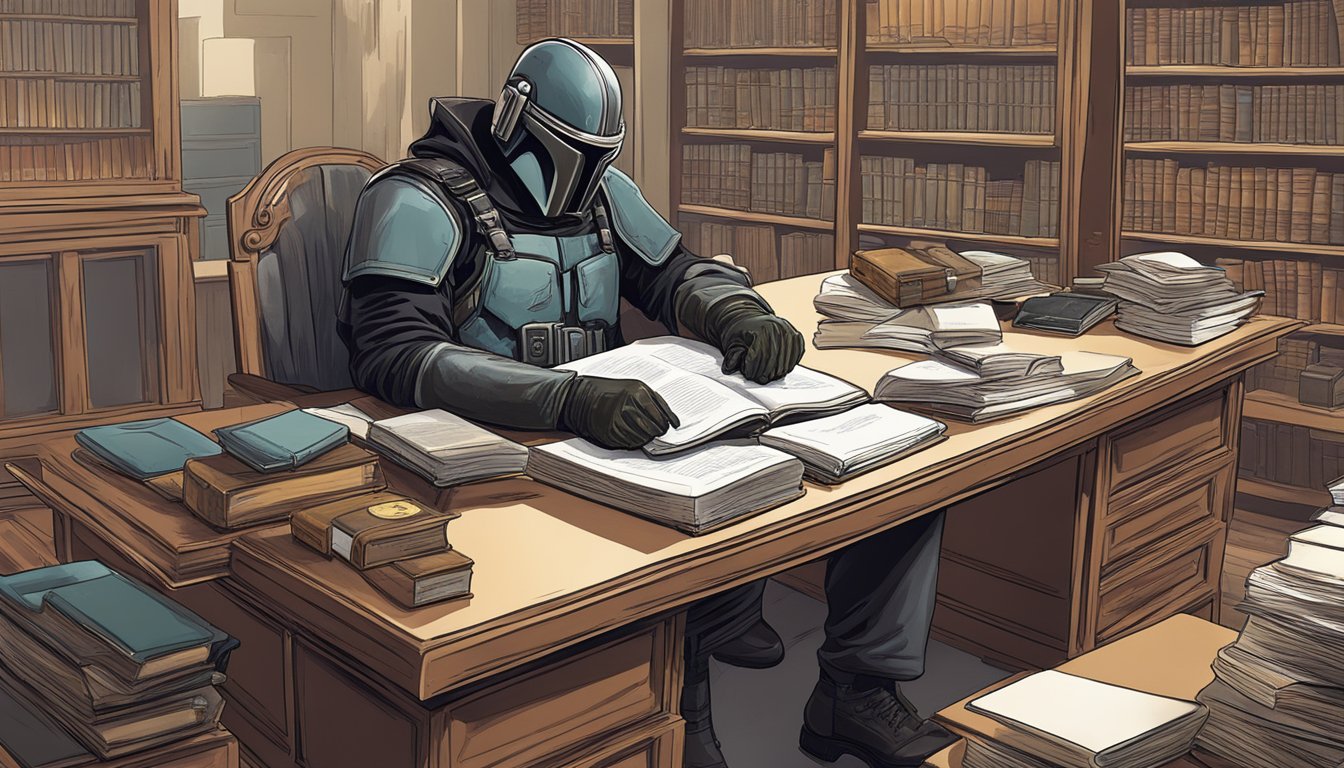 A bounty hunter studying law books and firearms at a desk