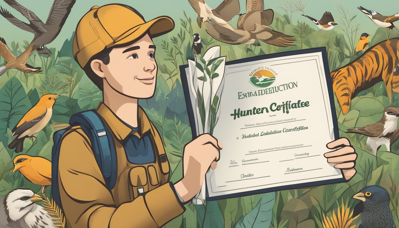 A person holding a certificate with a hunter education number, surrounded by images of wildlife and nature