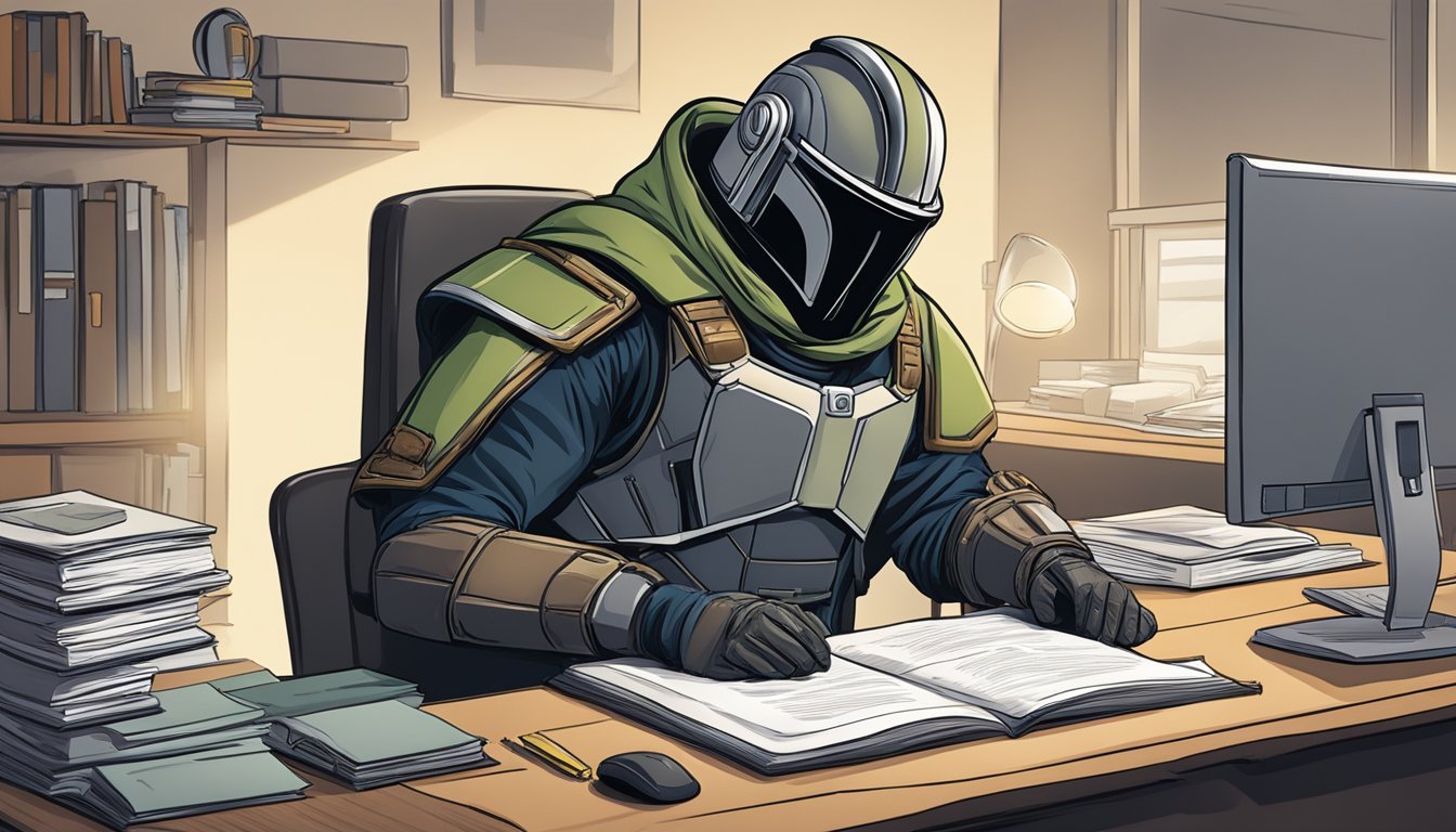 A bounty hunter studying a manual at a desk with a computer and training materials