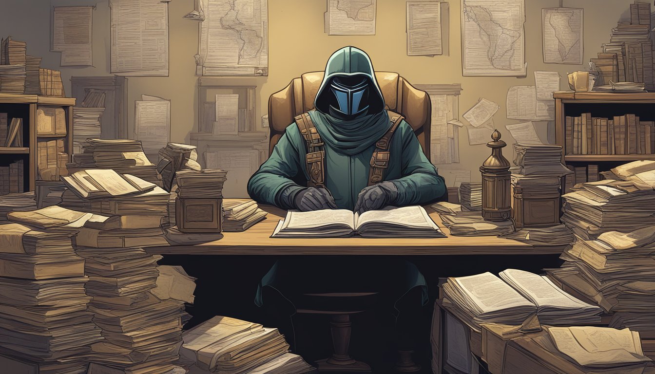 A bounty hunter studying law books at a cluttered desk, surrounded by wanted posters and a map of the region