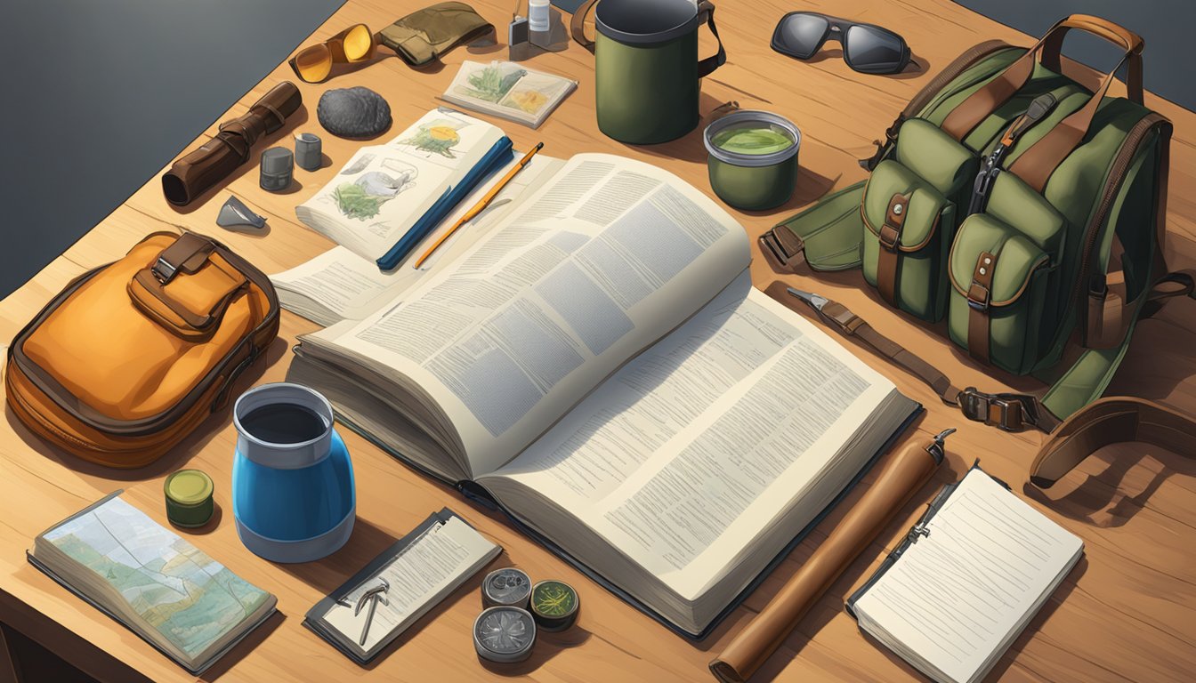 A hunter education course material displayed on a table with a textbook, safety equipment, and hunting gear