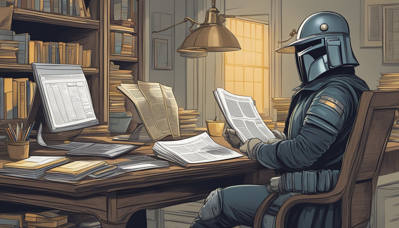 A bounty hunter studying financial textbooks and charts