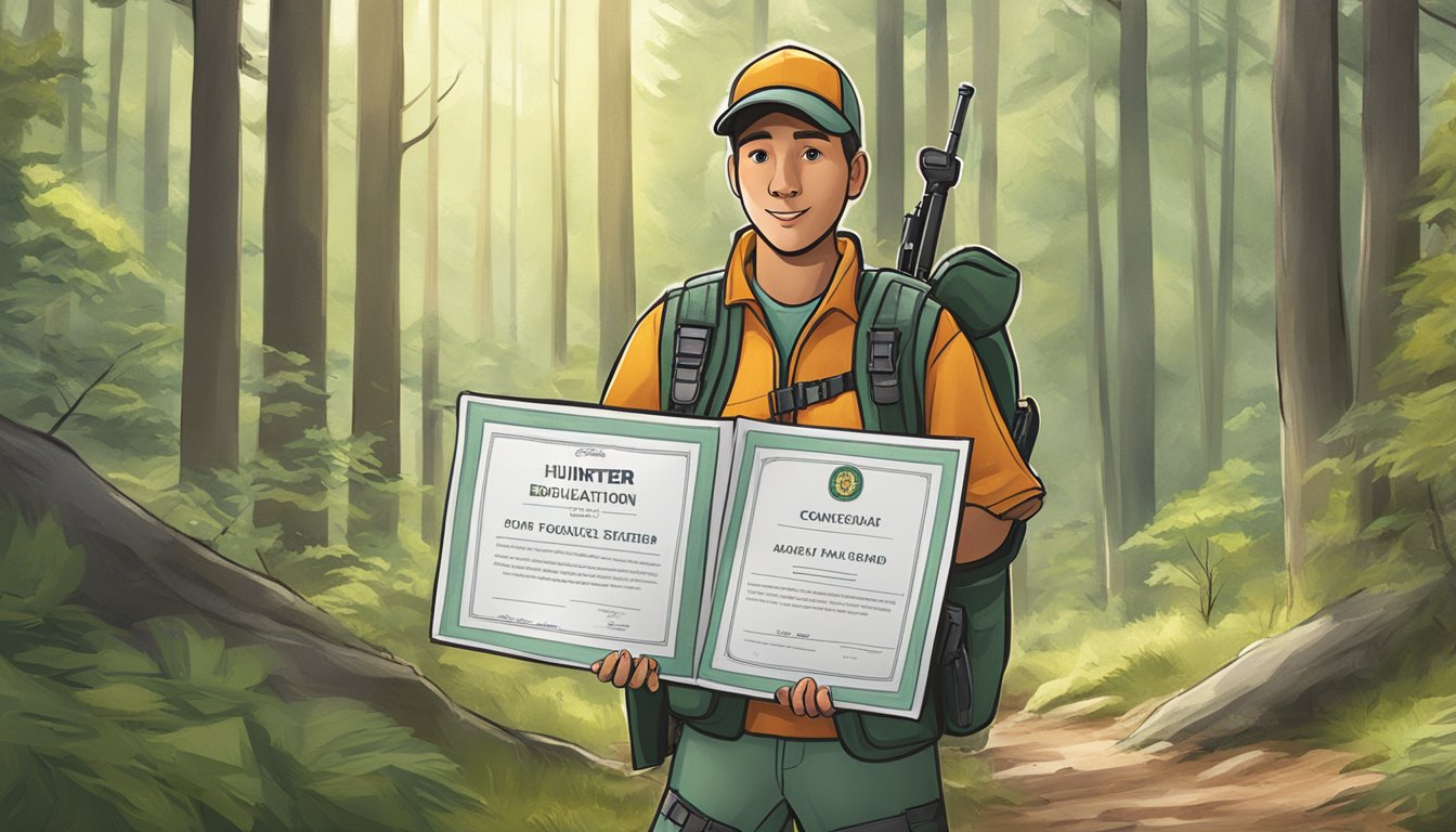 A person holding a hunter education course certificate while standing in a forest clearing with a rifle and a safety vest