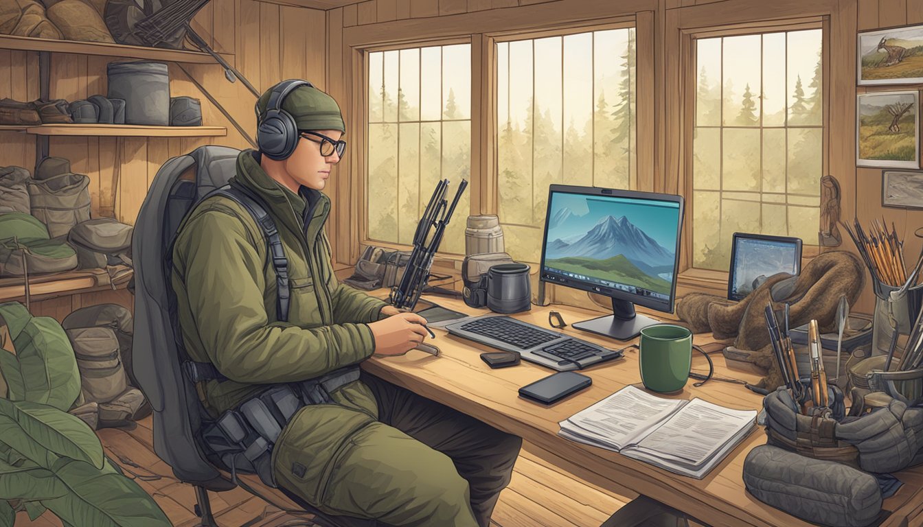 A person sitting at a computer, surrounded by hunting gear and equipment, while taking an online hunter education course