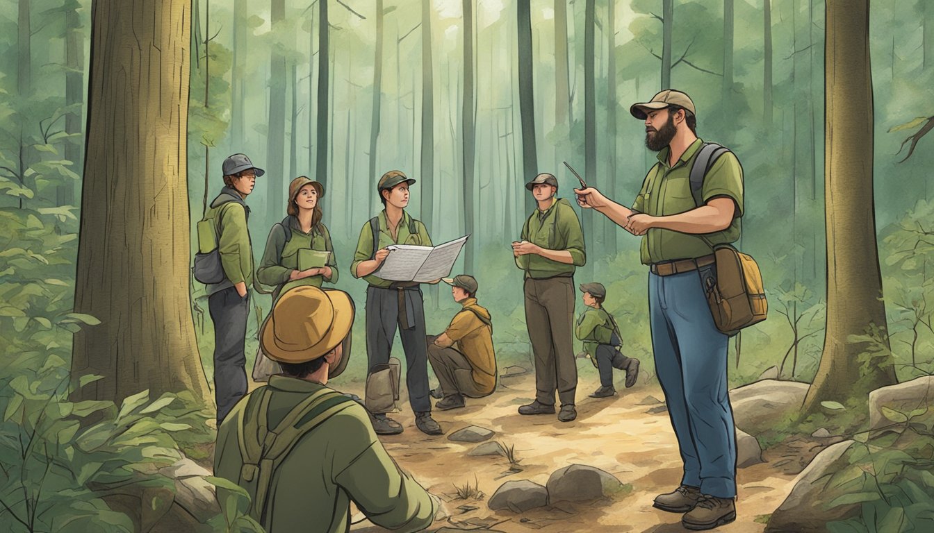 A hunter education instructor teaching conservation principles in a forest classroom