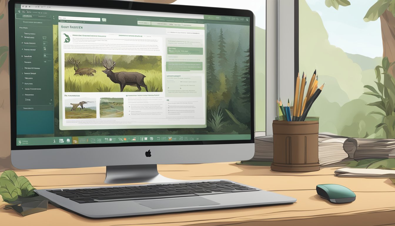 A computer screen displaying an online hunter education course with a wildlife illustration and legal documents in the background