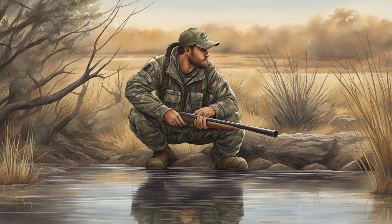 A hunter setting up a camouflaged blind near a watering hole