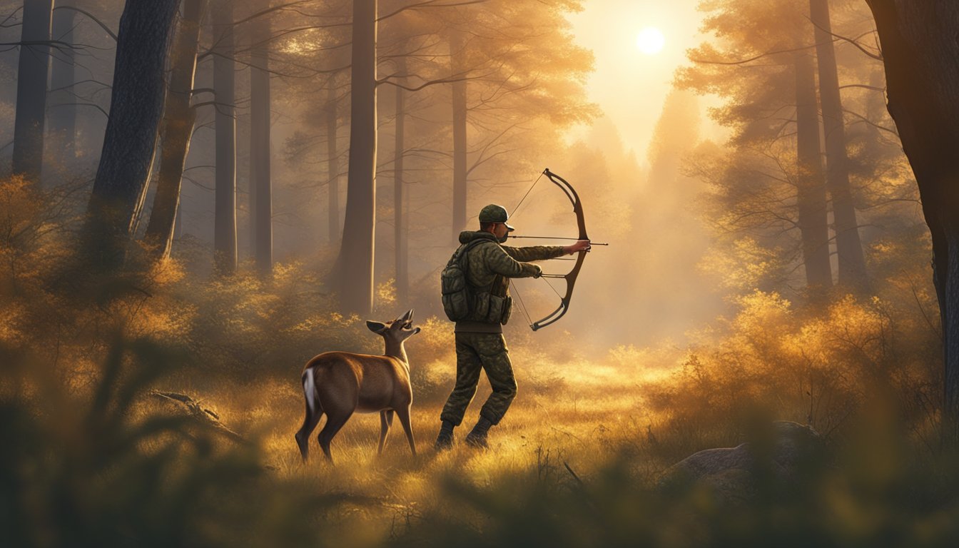 A hunter in camouflage aiming a bow at a deer in a forest clearing. The sun is setting, casting a warm glow on the scene