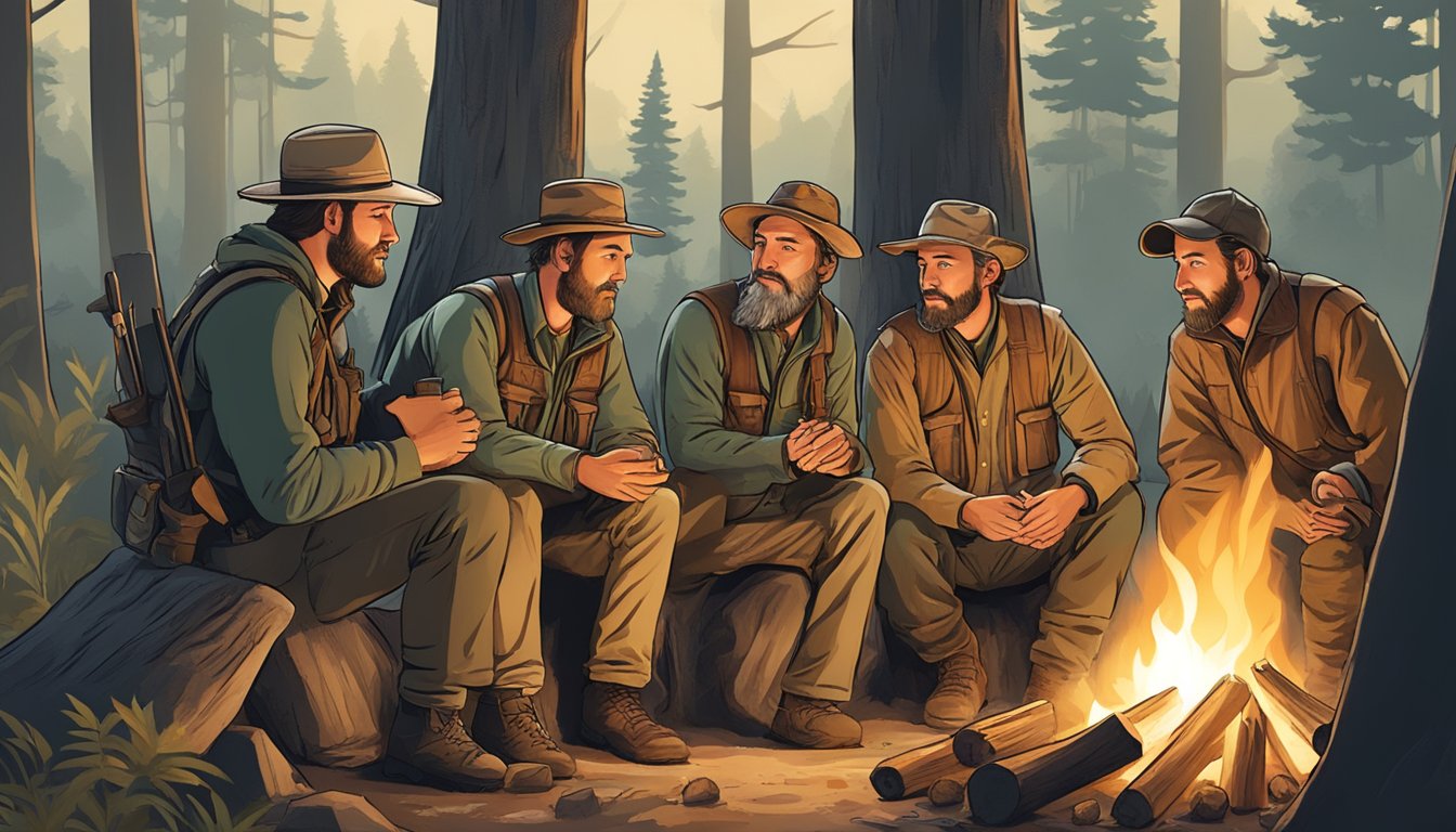 A group of hunters and conservationists gather around a campfire, sharing stories and discussing ways to promote education and conservation efforts