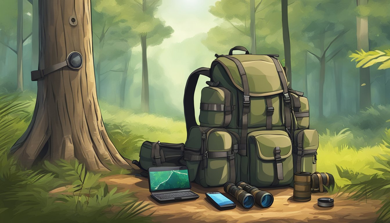 A hunter's backpack with GPS, binoculars, and a rifle resting against a tree in a forest clearing