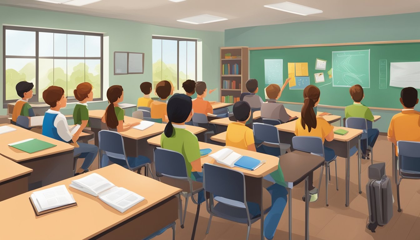 A group of students sitting in a classroom, listening to a teacher talk about hunter education. Visual aids and educational materials are displayed around the room