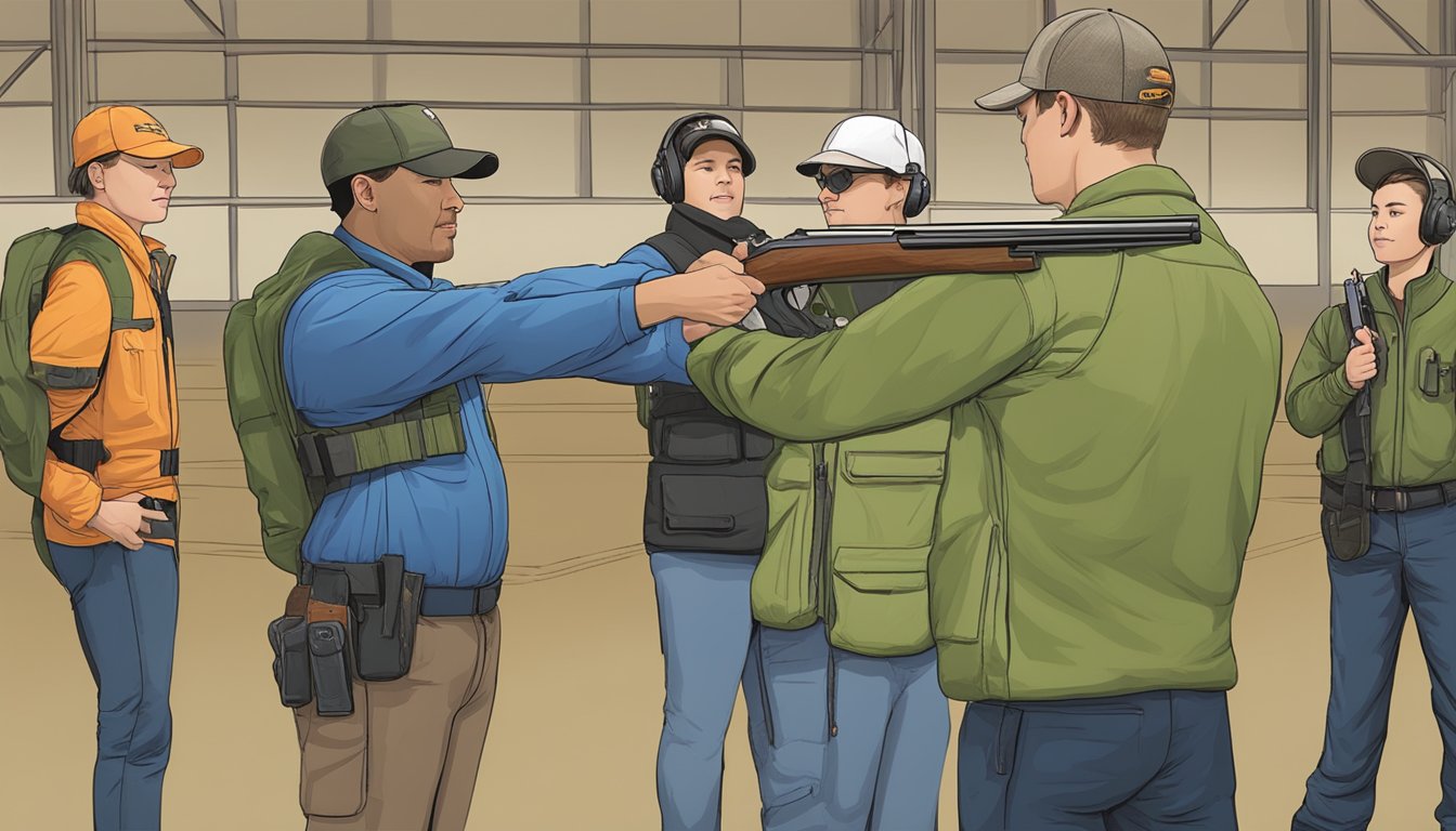 A hunter safety course instructor guiding students through a hands-on demonstration of firearm safety and handling techniques