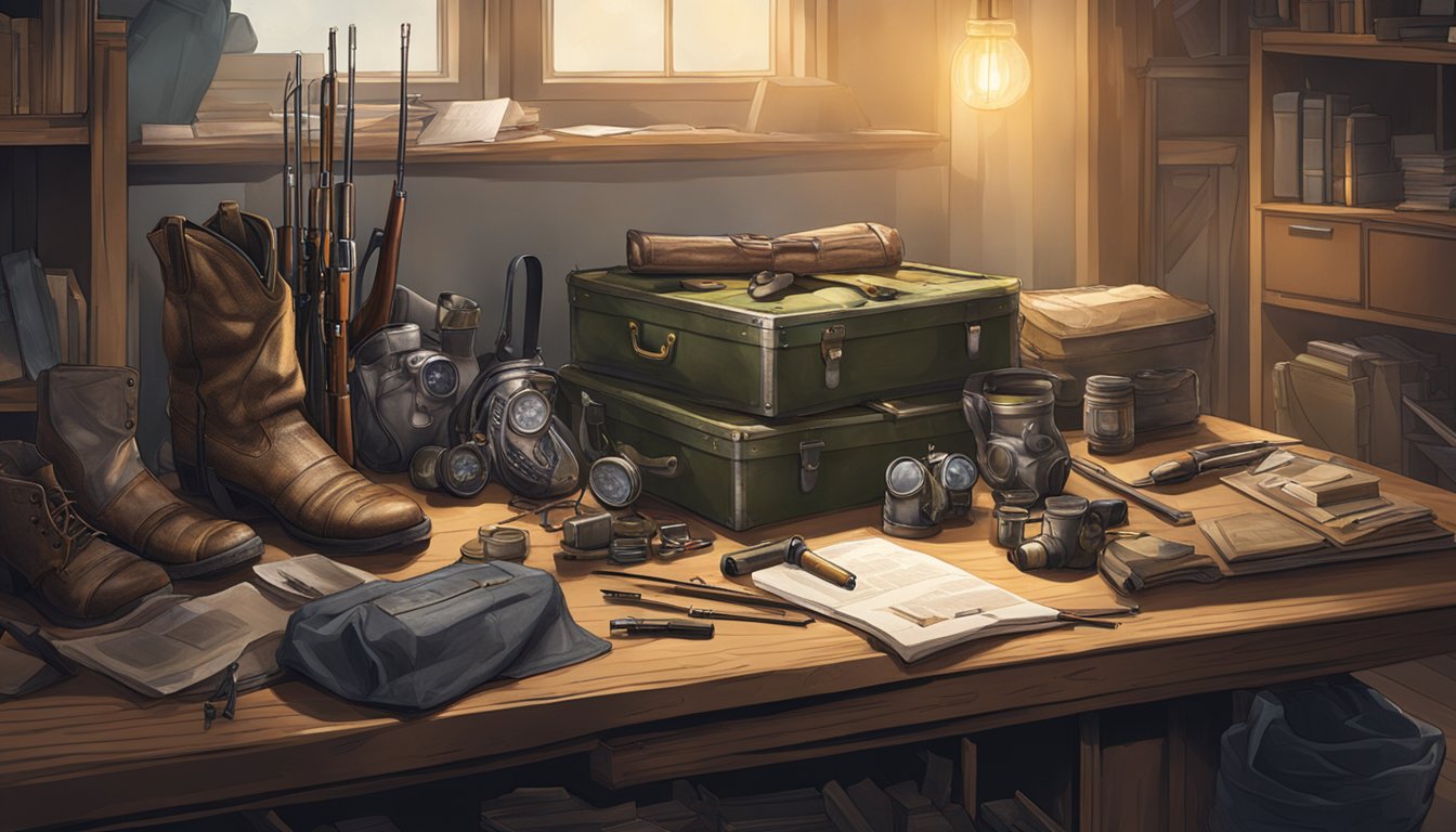 A group of hunting gear and educational materials sit untouched, gathering dust in a dimly lit room