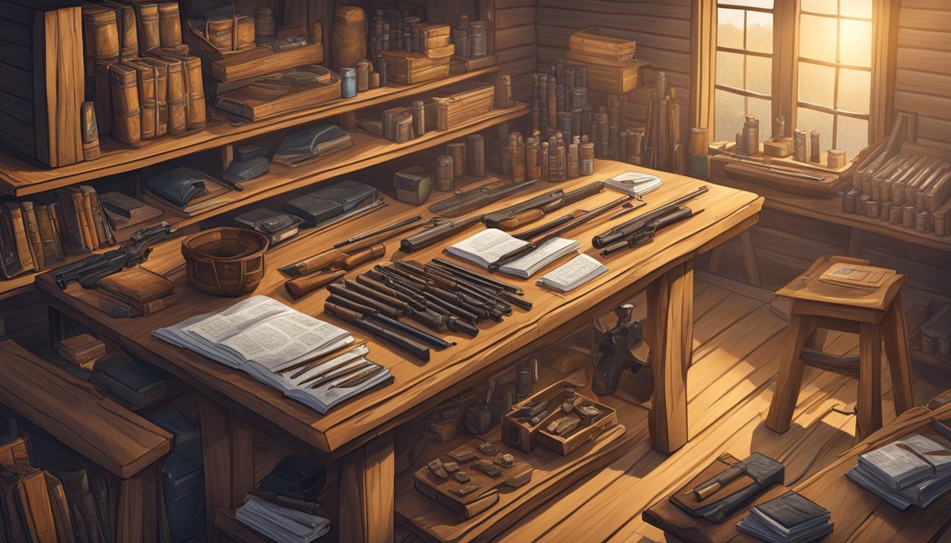 A hunter's cabin with firearms and ammunition neatly organized on shelves, while educational materials are spread out on a table for studying