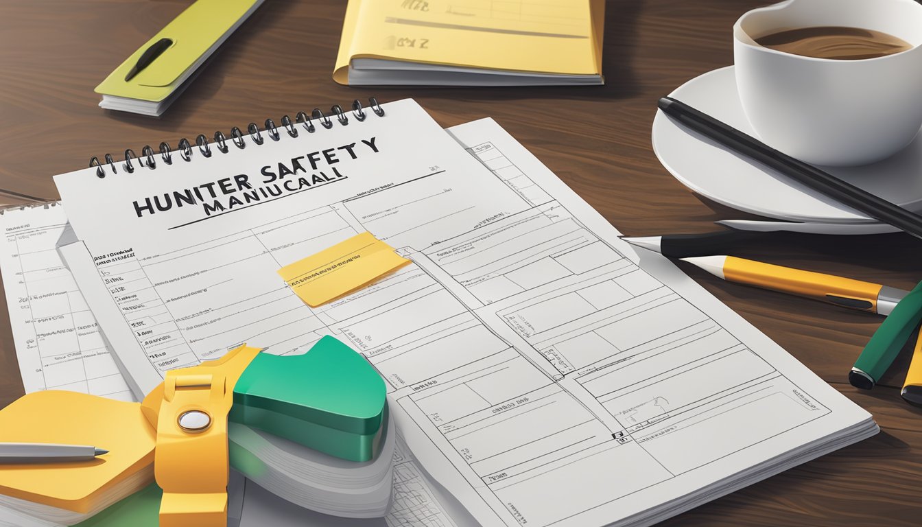 A hunter's safety manual sits on a table, next to a filled out application form and a calendar with a date circled