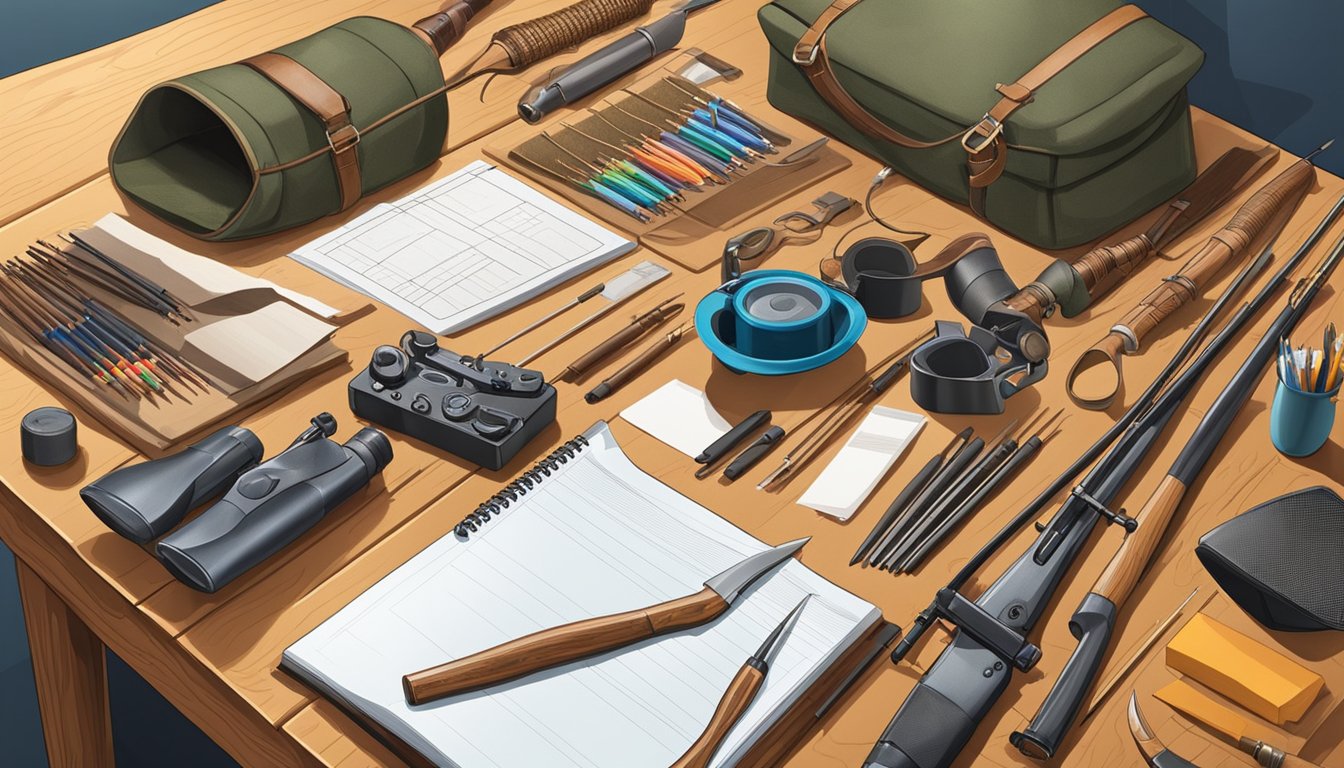 An array of well-maintained archery and hunting equipment laid out for inspection. Educational materials and exam papers scattered on a wooden table