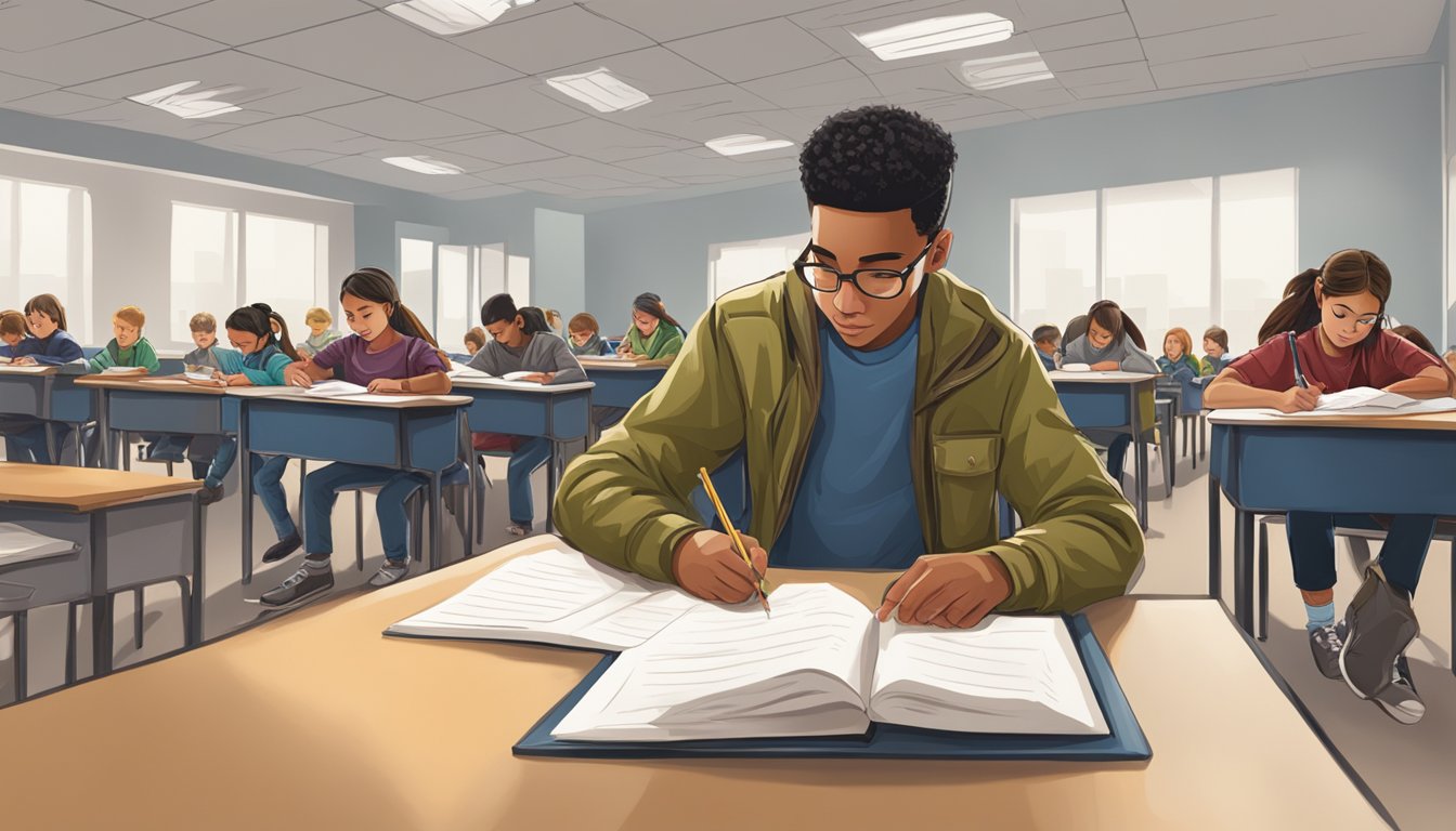 A hunter education student completing a written exam at a desk in a classroom