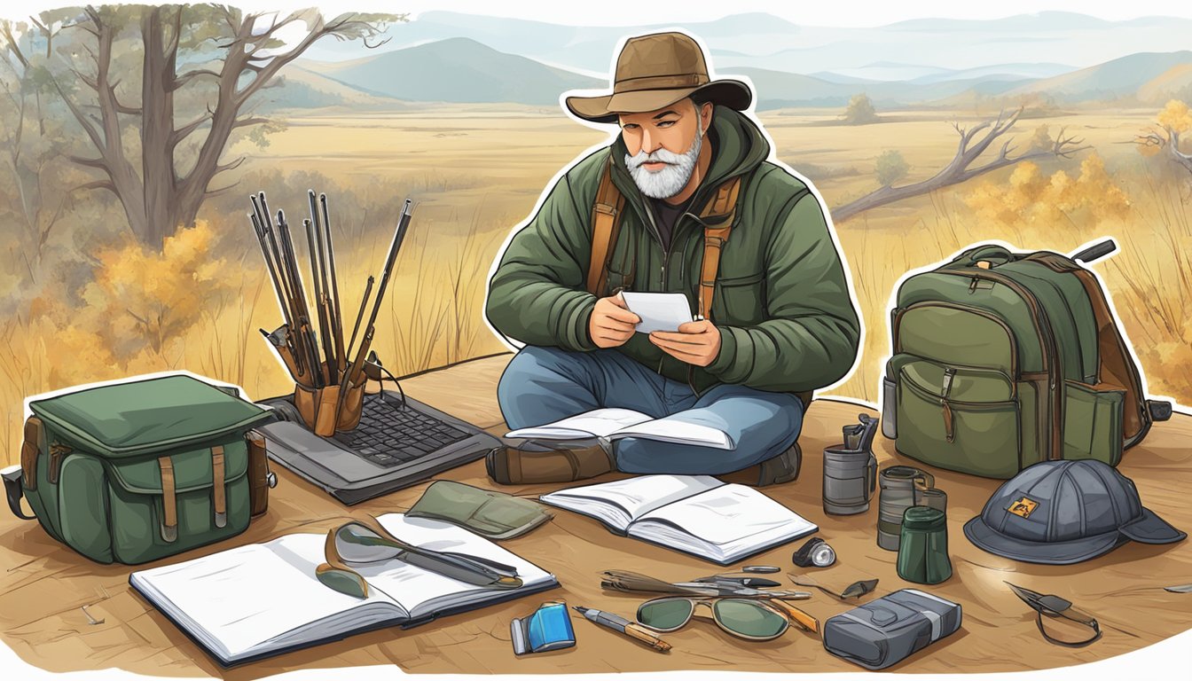 A person completing a hunter education course online, surrounded by hunting gear and educational materials