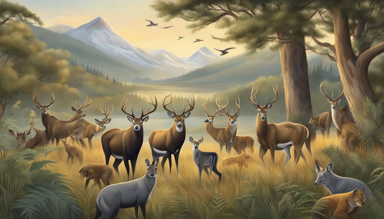 A group of wildlife and nature illustrations, including animals, plants, and landscapes, with a prominent focus on hunting and conservation education