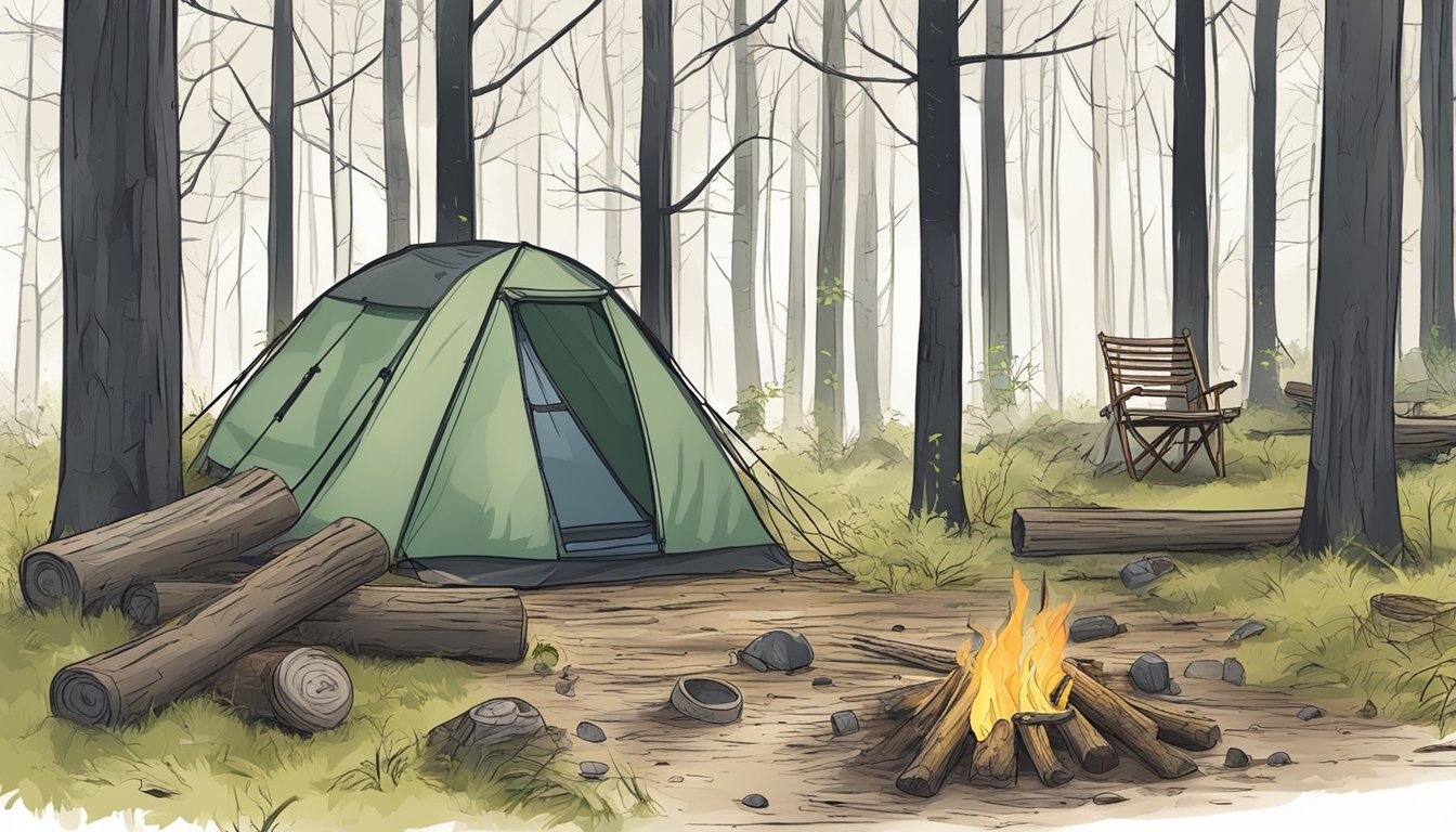 A forest clearing with a campfire, survival tools, and wildlife tracks