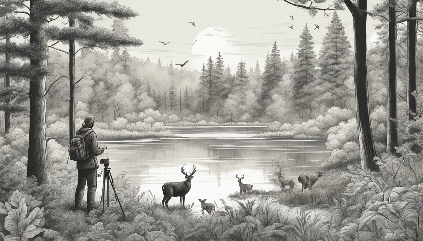 A serene forest clearing with various wildlife species interacting, while a hunter observes from a distance with binoculars