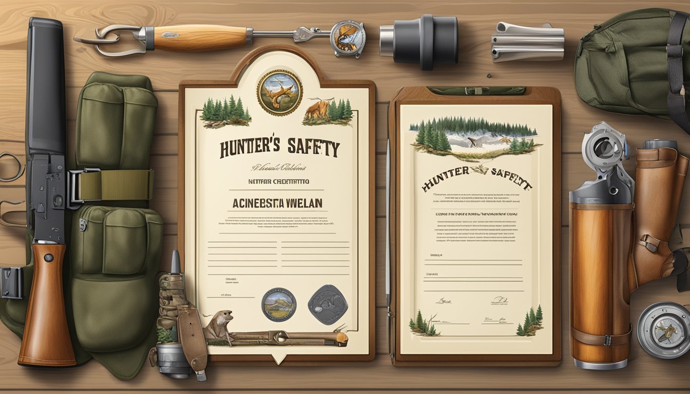 A hunter's safety certificate surrounded by hunting gear and wildlife illustrations