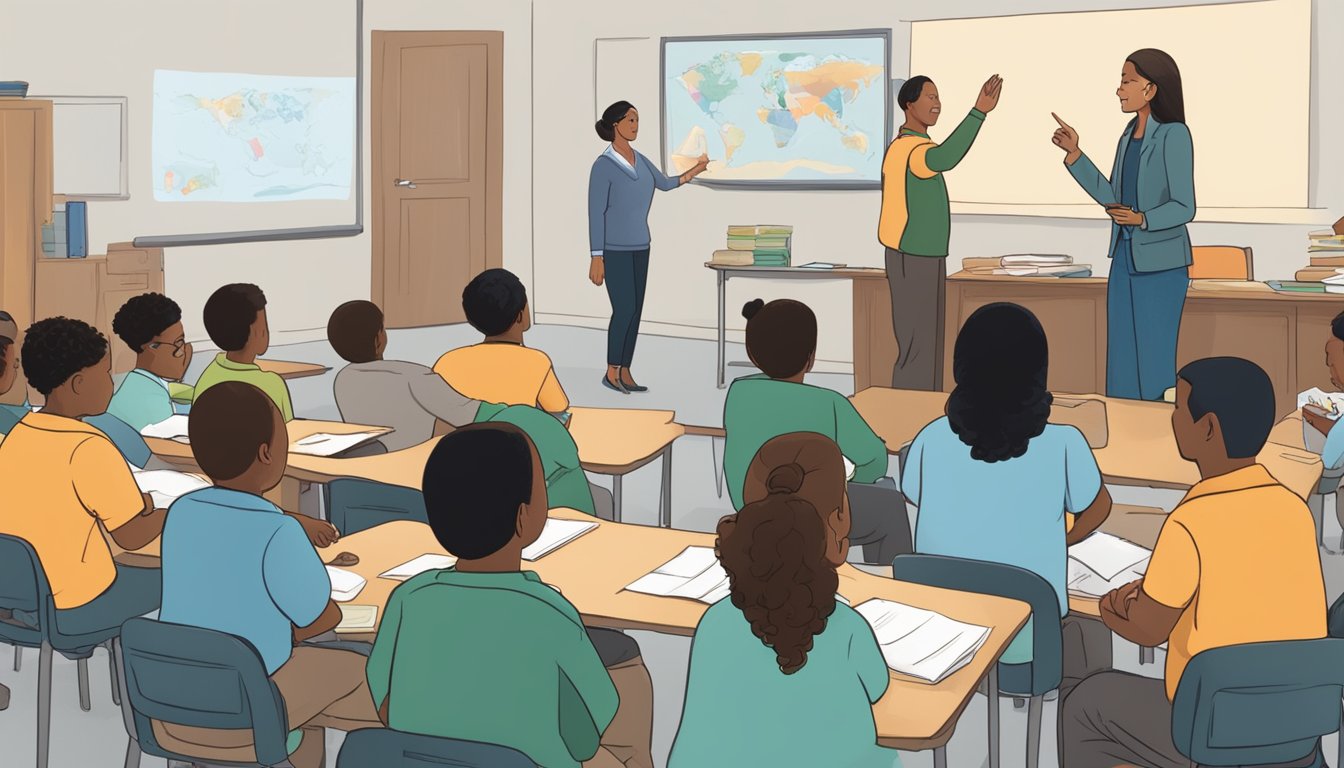 A group of people gather in a classroom setting, with visual aids and educational materials displayed. An instructor stands at the front, leading a discussion on hunter education