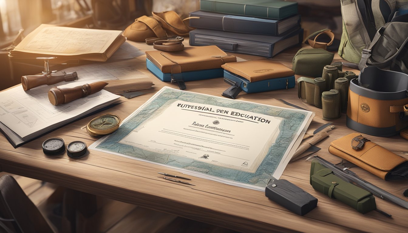 A hunter's education certificate sits on a cluttered desk, surrounded by hunting gear and maps