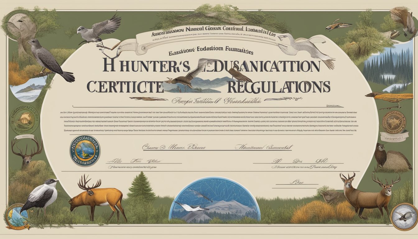 A hunter's education certificate surrounded by various state and federal hunting regulations and laws