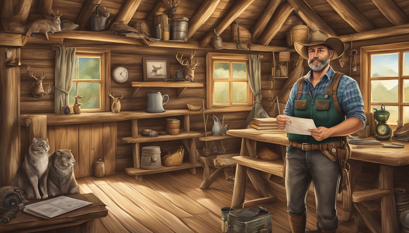 A hunter proudly displays their valid education certificate in a rustic cabin surrounded by hunting gear and wildlife trophies