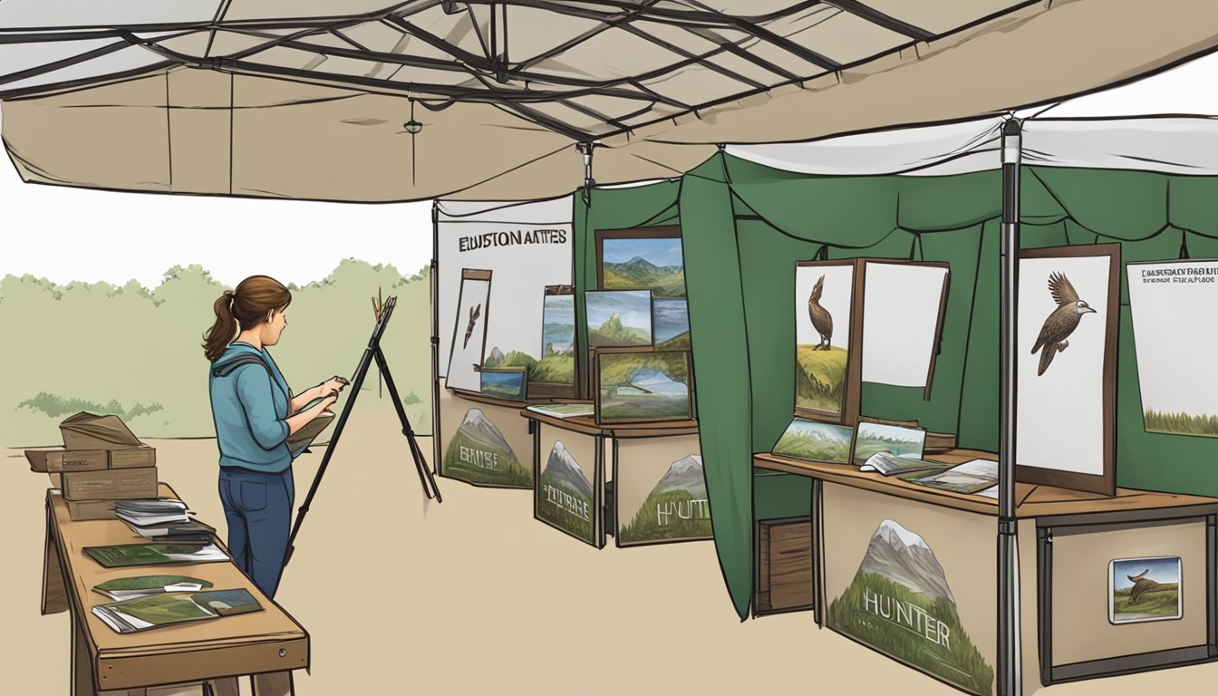 A person setting up a booth with educational materials and displays for a hunter education event