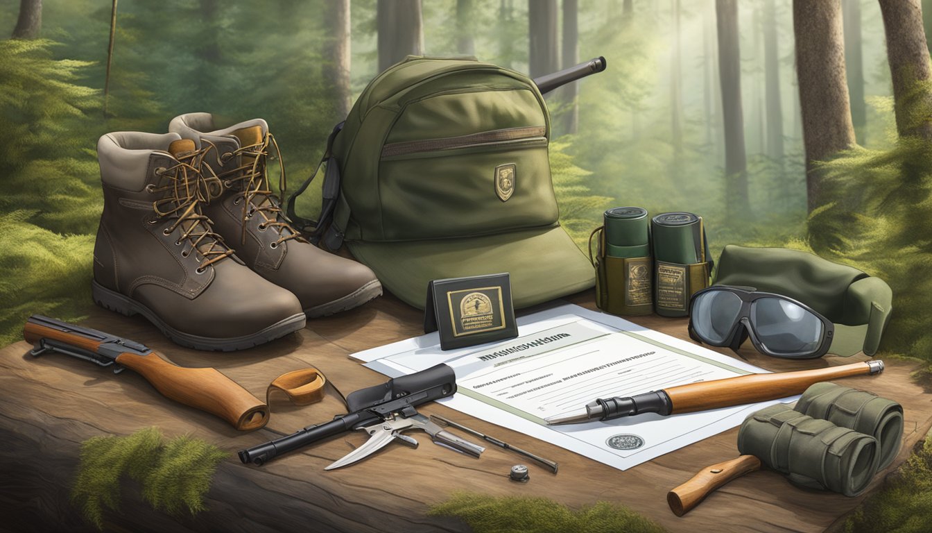 A hunter education certificate displayed next to a rifle and safety gear in a woodland setting