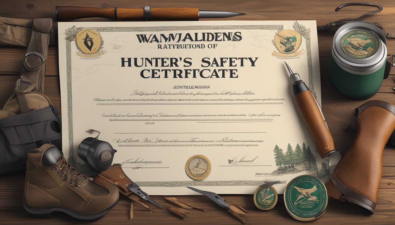 A hunter's safety certificate lies on a wooden desk, surrounded by hunting gear and a map of the wilderness