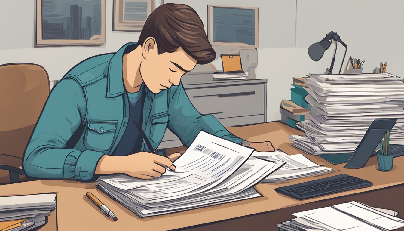 A person holding a hunter education certificate and searching through a stack of papers on a desk