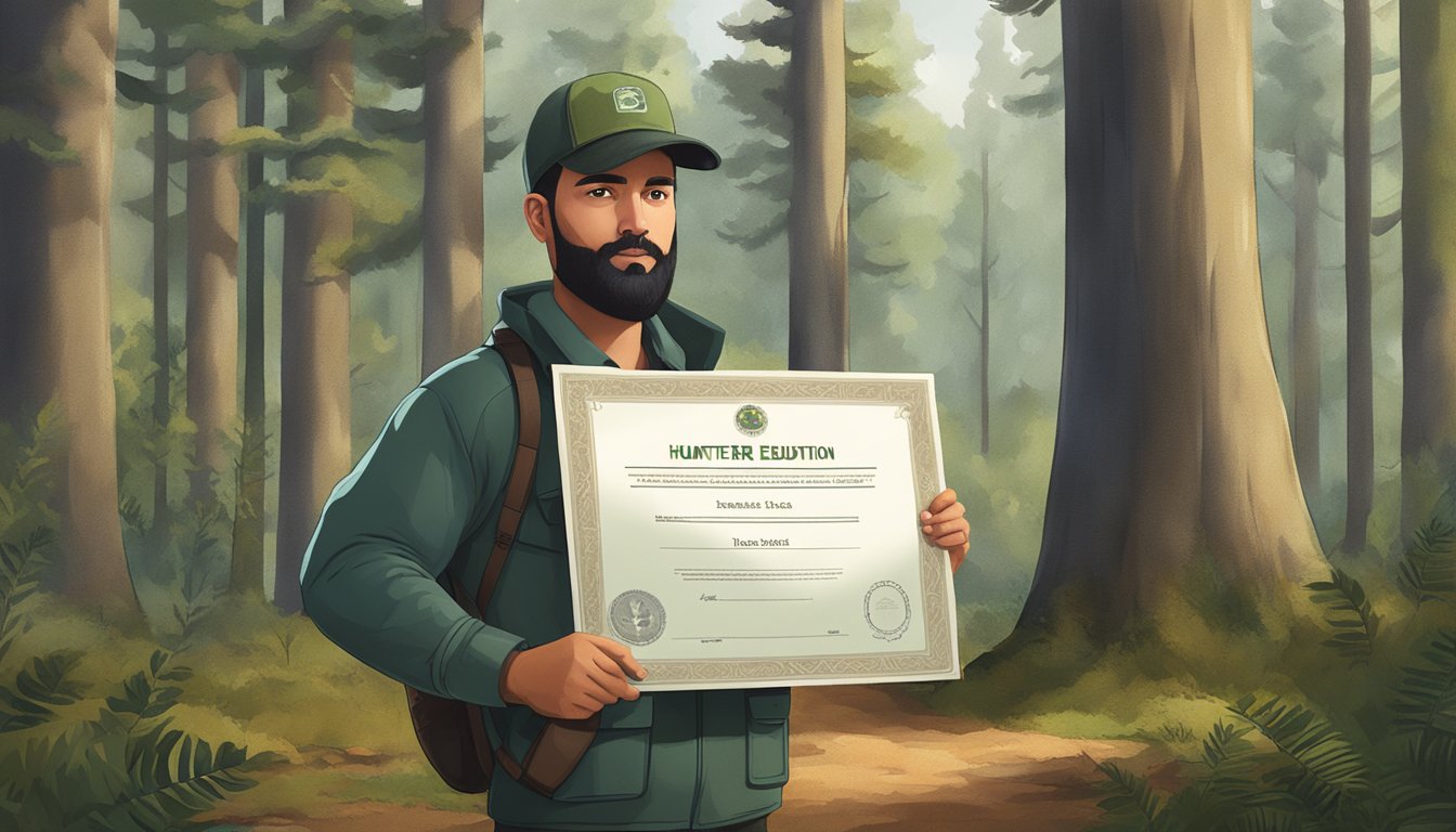 A hunter holding a certificate with their hunter education number displayed, standing in a forest clearing