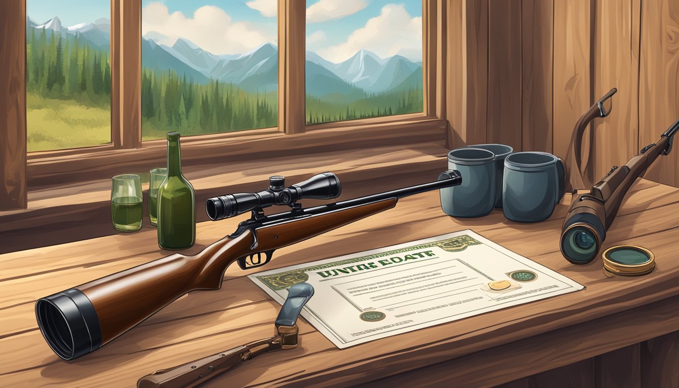 A hunter education certificate displayed next to a hunting rifle and a pair of binoculars on a wooden table