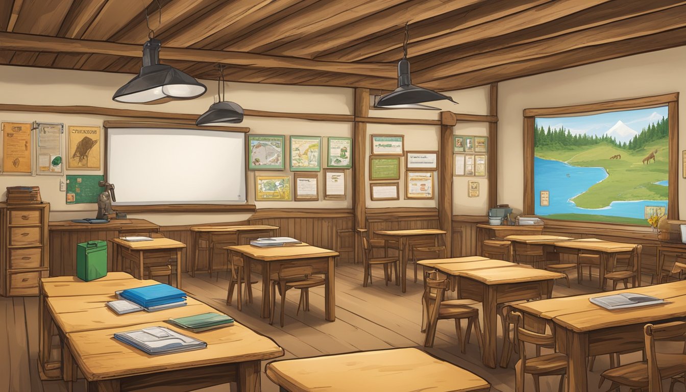 A rustic classroom setting with hunting gear and educational materials displayed on wooden tables. Wildlife posters adorn the walls, and a whiteboard outlines the curriculum