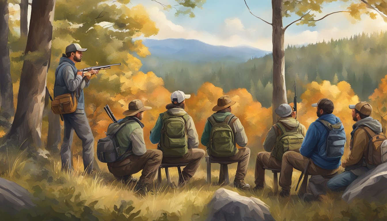 A group of new hunters attending a free hunter education course, surrounded by nature and learning from instructors