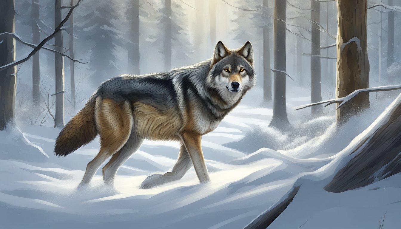 A wolf stalking its prey in a snowy forest, ears perked and eyes locked on a distant target