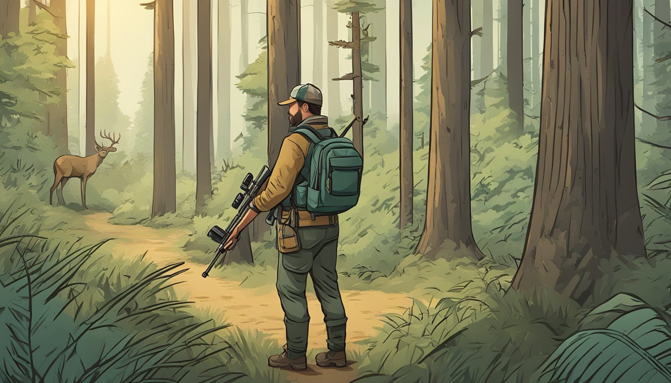 A hunter stands in a forest clearing, rifle slung over shoulder, surrounded by trees and wildlife. A sign nearby reads "Safety and Responsibility free hunter education course."