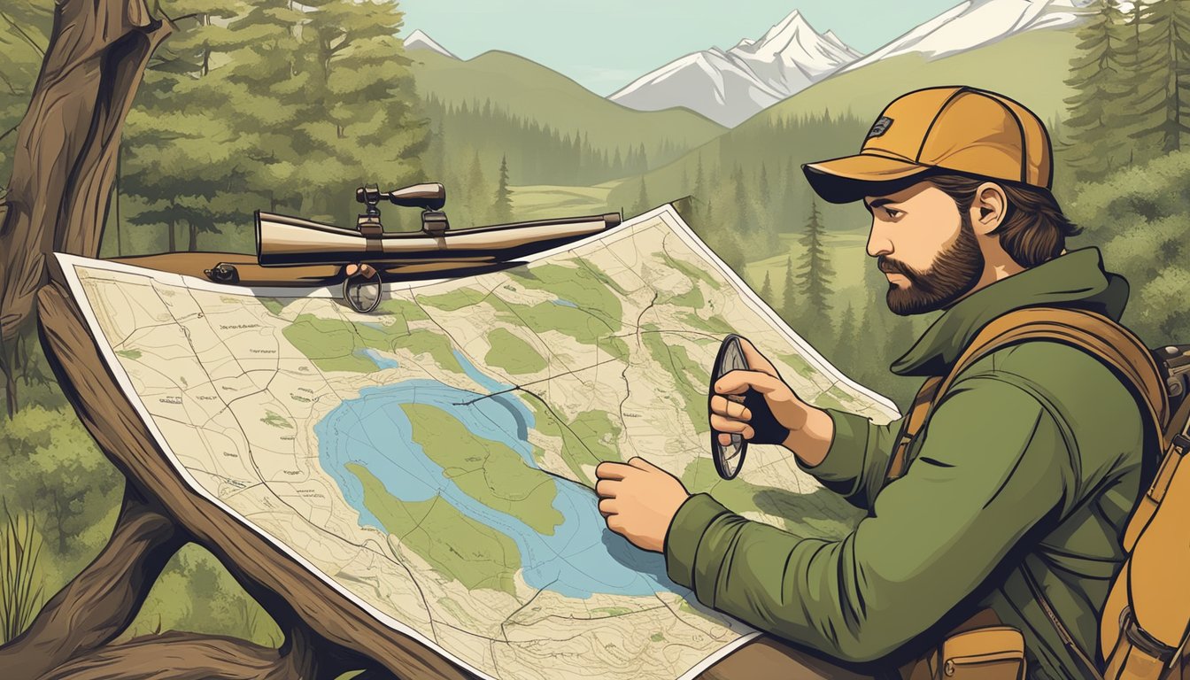 A hunter holding a map and compass, surrounded by wildlife and nature, planning a responsible hunting strategy