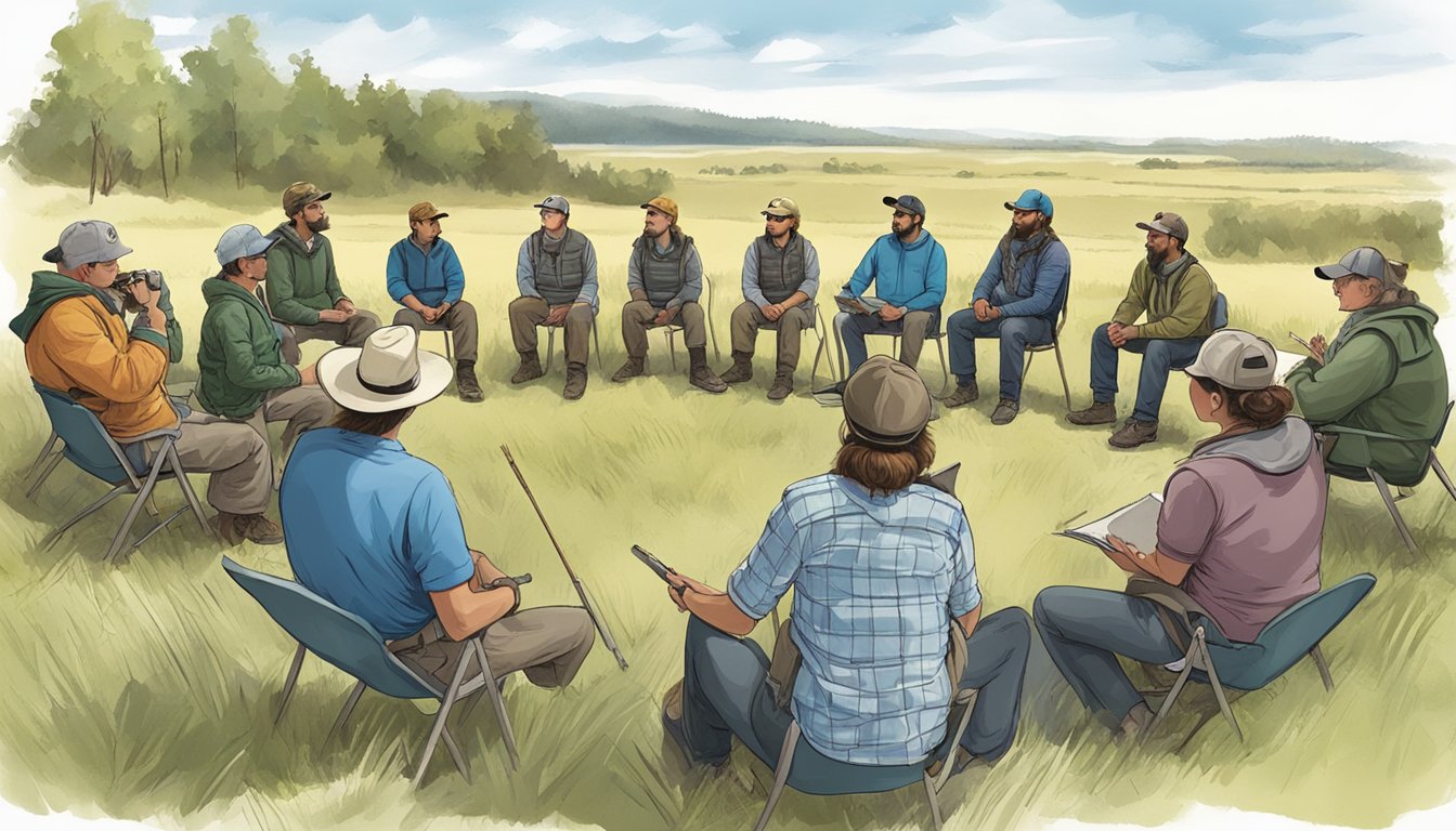 A group of individuals attending a hunter education class, listening to an instructor and engaging in discussions about wildlife conservation and safety practices