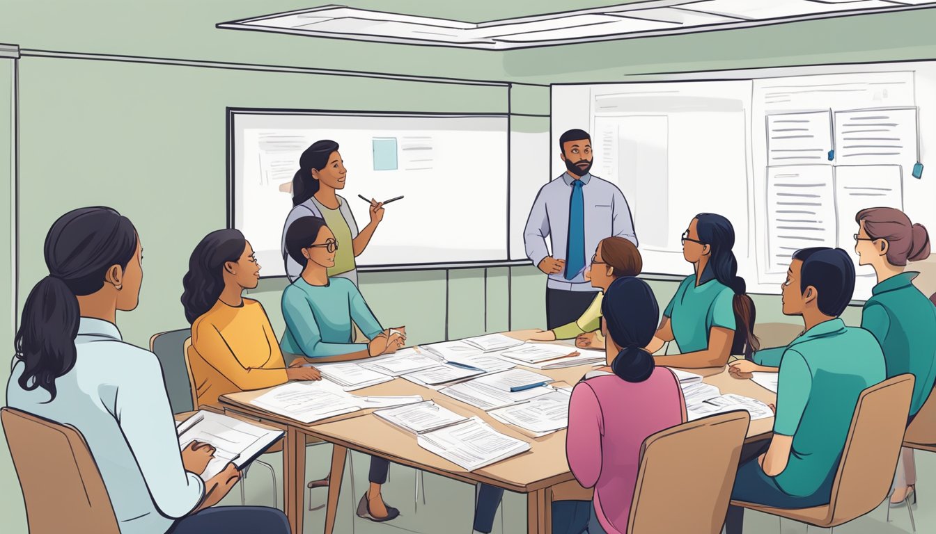 A group of educators gather around a table, discussing potential candidates for a teaching position. A whiteboard displays a list of qualifications and requirements