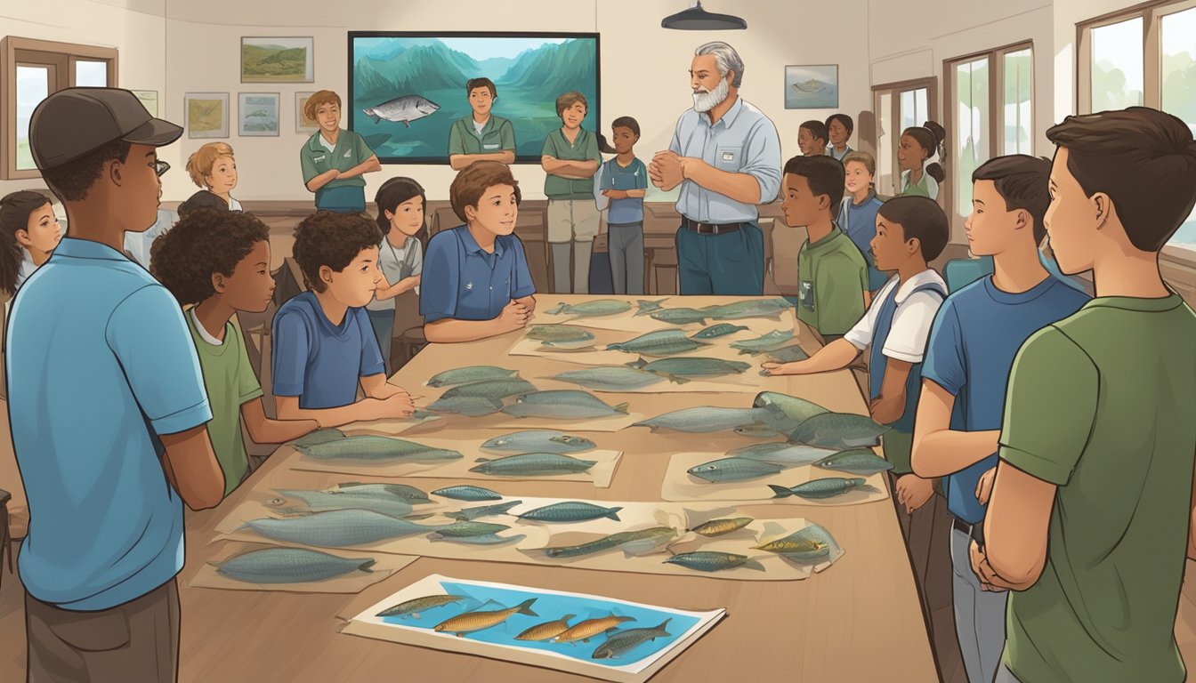 An instructor stands in front of a group of students, teaching about fish and wildlife hunter education. Visual aids and educational materials are displayed around the room