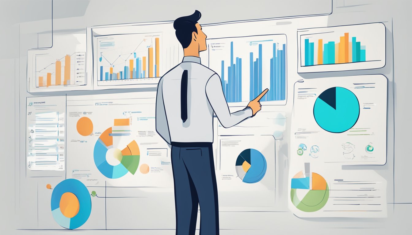 A head hunter standing in front of a whiteboard, pointing to sector-specific recruitment strategies. Charts and graphs line the walls