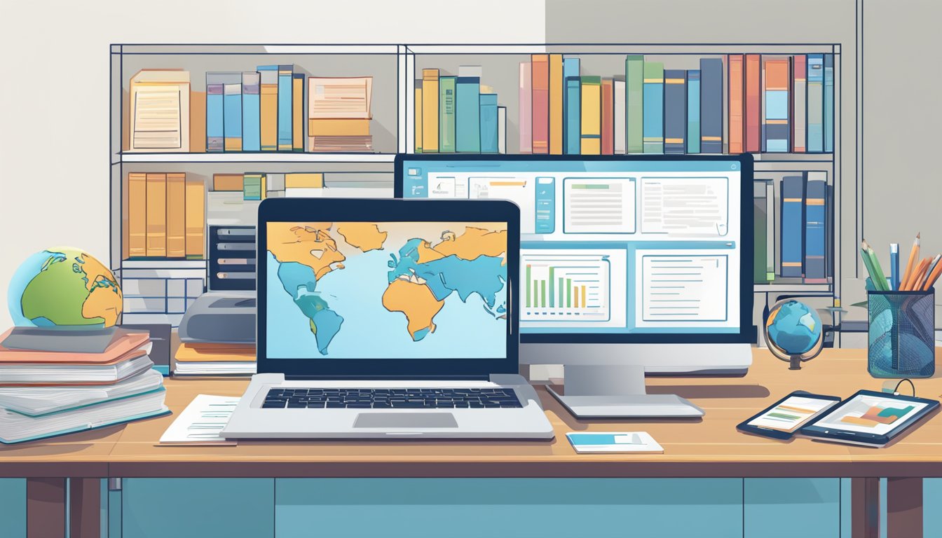 A laptop, tablet, and smartphone surrounded by books and a globe on a desk. A flowchart and graphs displayed on a screen in the background