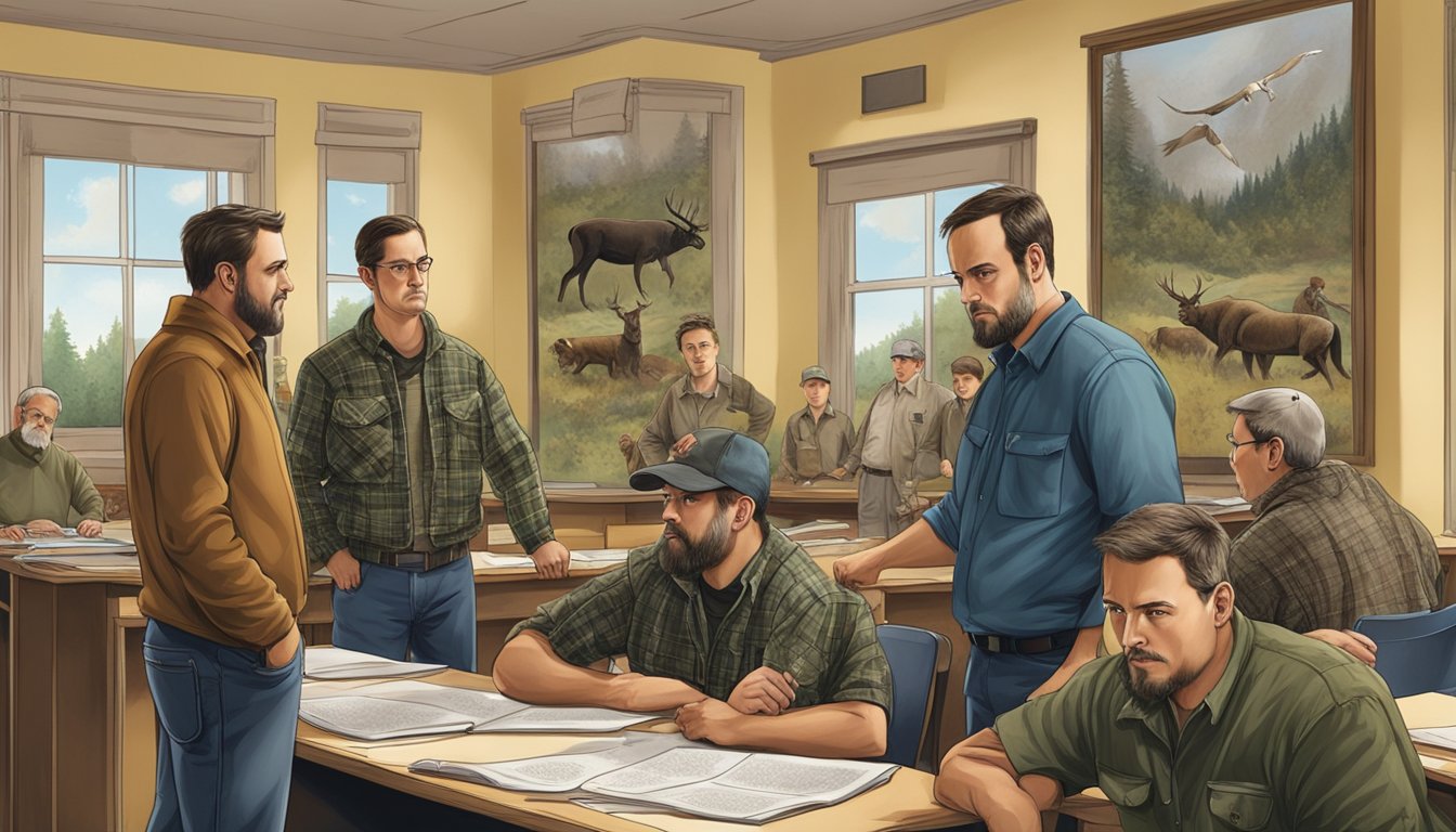 A group of hunters studying a large poster of hunting laws and regulations in a classroom setting