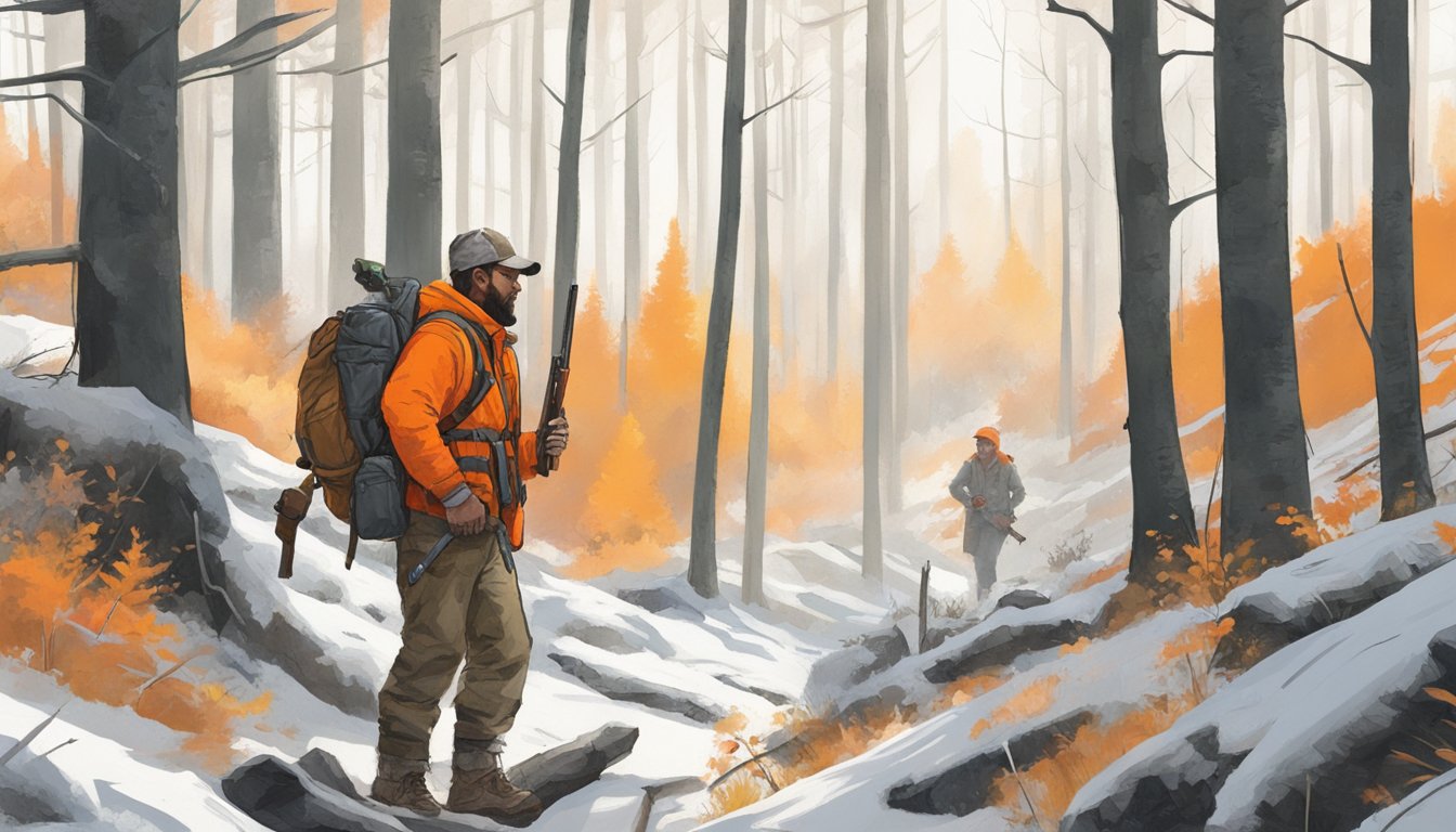 A hunter safely traversing a forest, wearing bright orange clothing and carrying a firearm over their shoulder. An instructor observes from a distance